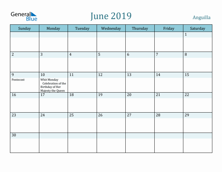 June 2019 Calendar with Holidays