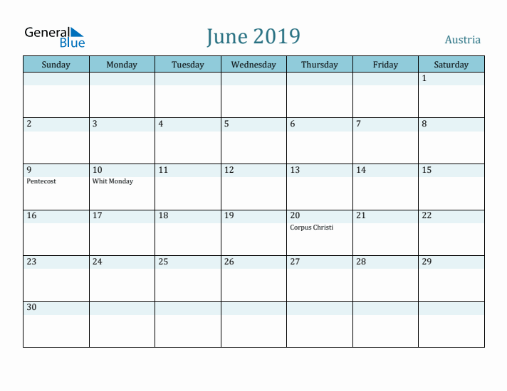 June 2019 Calendar with Holidays