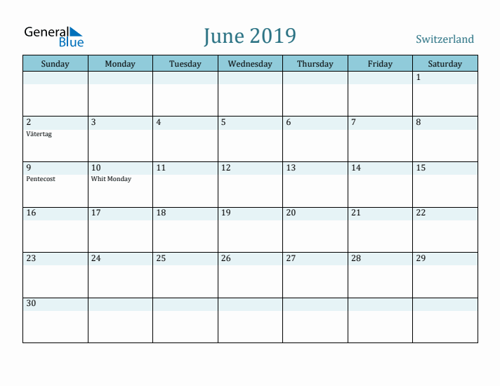 June 2019 Calendar with Holidays