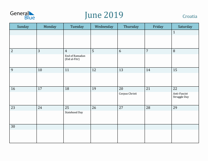 June 2019 Calendar with Holidays