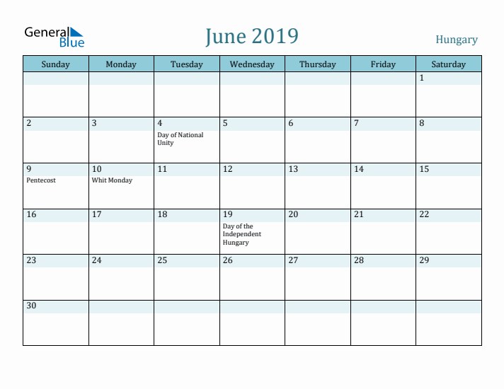 June 2019 Calendar with Holidays