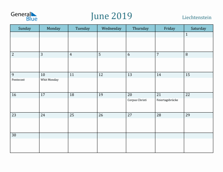 June 2019 Calendar with Holidays