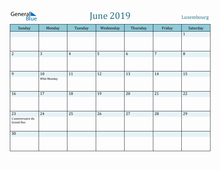 June 2019 Calendar with Holidays