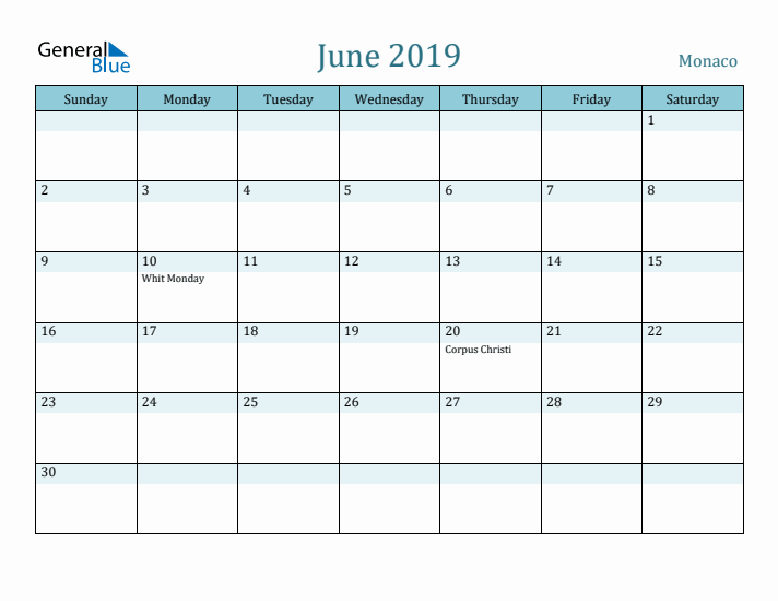 June 2019 Calendar with Holidays