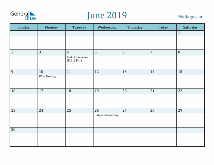 June 2019 Calendar with Holidays