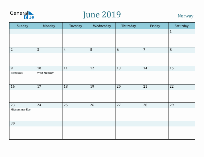 June 2019 Calendar with Holidays