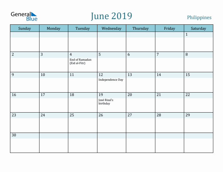 June 2019 Calendar with Holidays