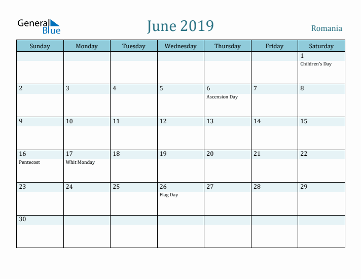 June 2019 Calendar with Holidays