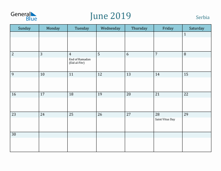 June 2019 Calendar with Holidays