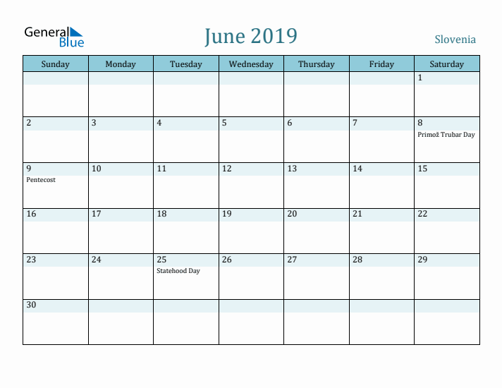 June 2019 Calendar with Holidays