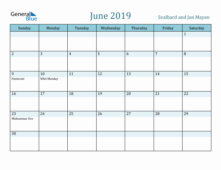 June 2019 Calendar with Holidays