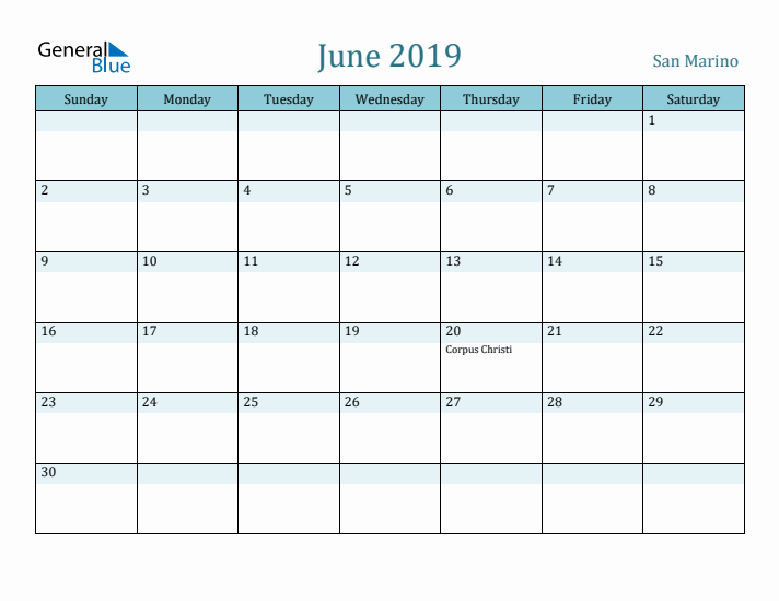 June 2019 Calendar with Holidays