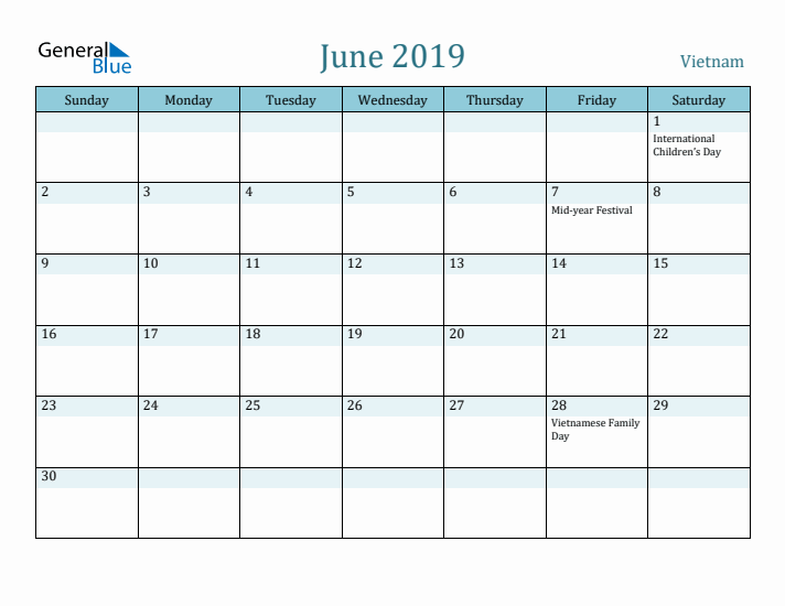 June 2019 Calendar with Holidays