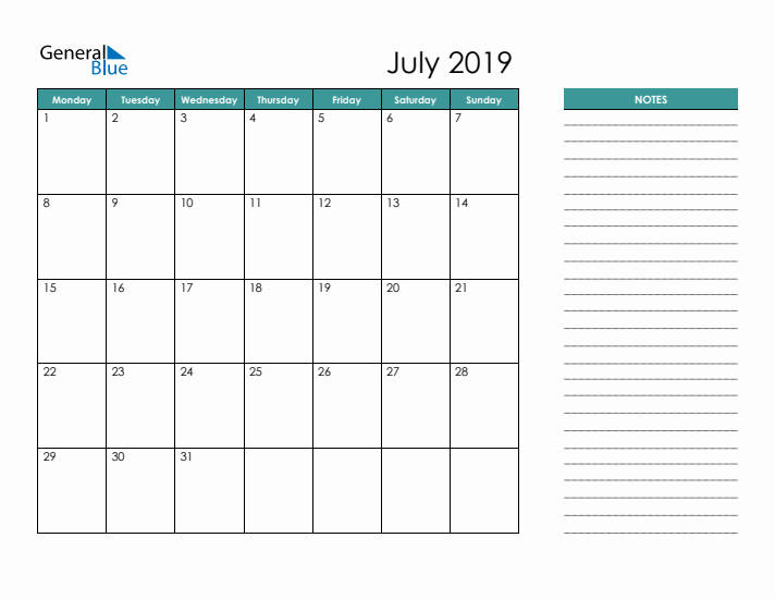 July 2019 Calendar with Notes