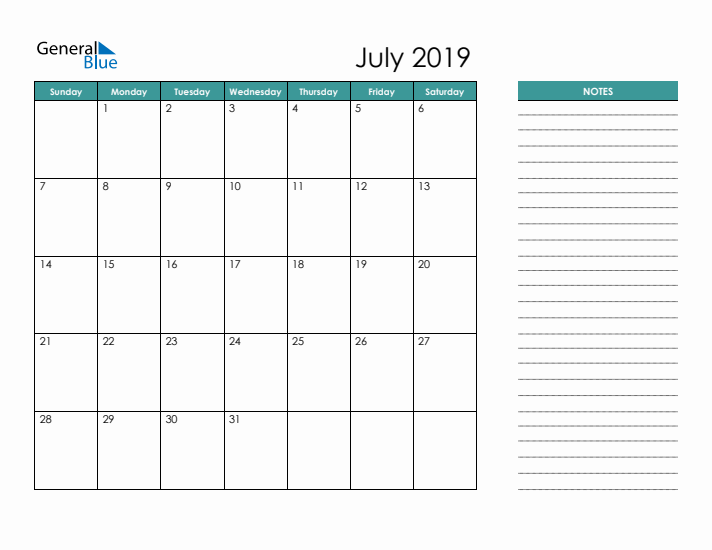 July 2019 Calendar with Notes