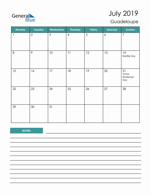 Calendar with Notes Printable - Monday Start