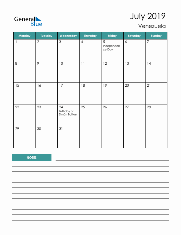 Calendar with Notes Printable - Monday Start