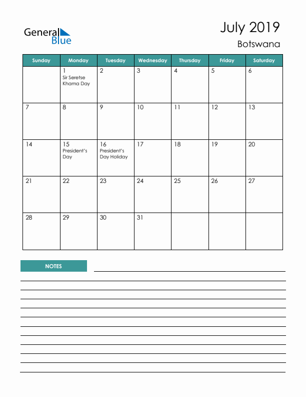 Calendar with Notes Printable - Sunday Start