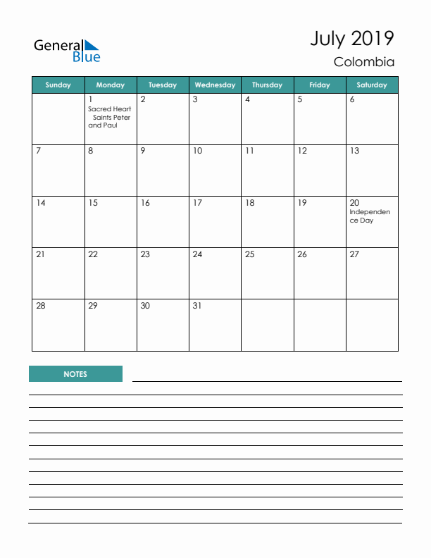 Calendar with Notes Printable - Sunday Start