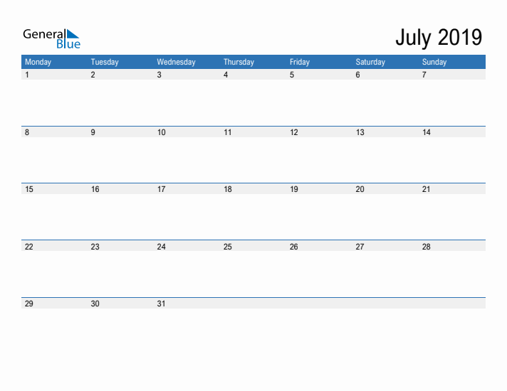 Fillable Calendar for July 2019