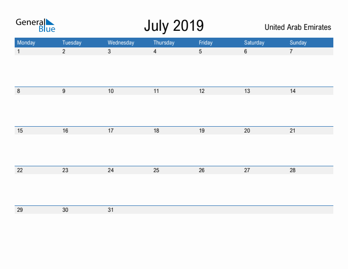 Fillable July 2019 Calendar