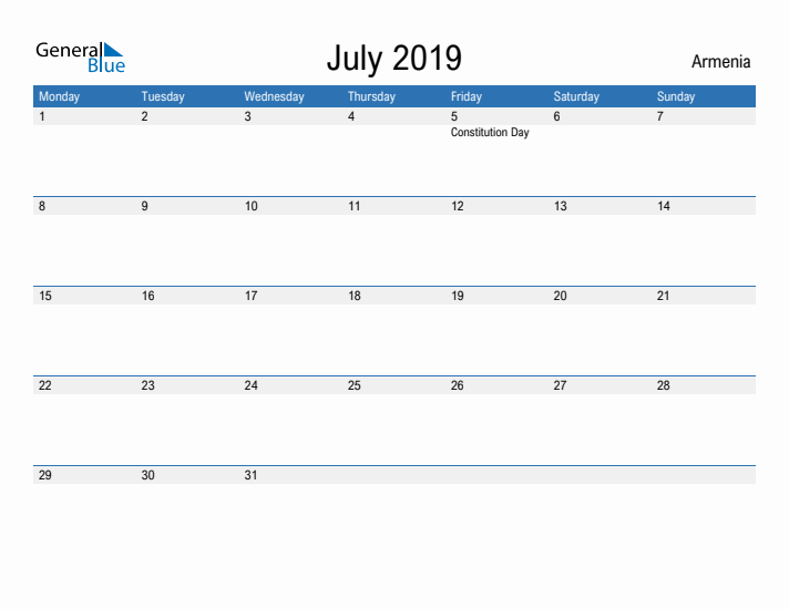 Fillable July 2019 Calendar