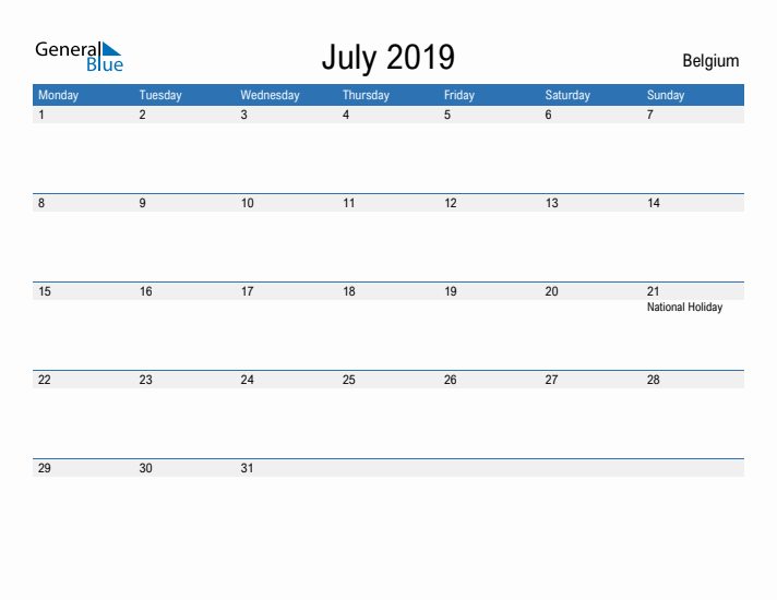 Fillable July 2019 Calendar