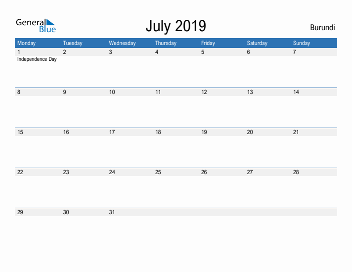 Fillable July 2019 Calendar