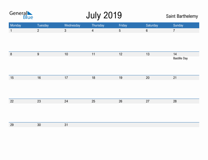 Fillable July 2019 Calendar