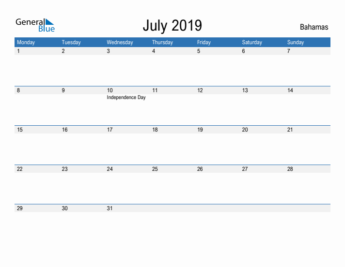 Fillable July 2019 Calendar