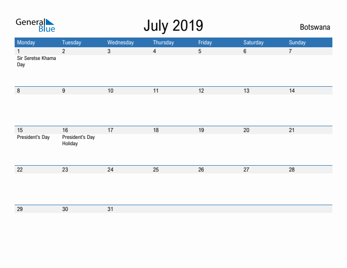 Fillable July 2019 Calendar