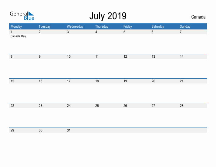 Fillable July 2019 Calendar