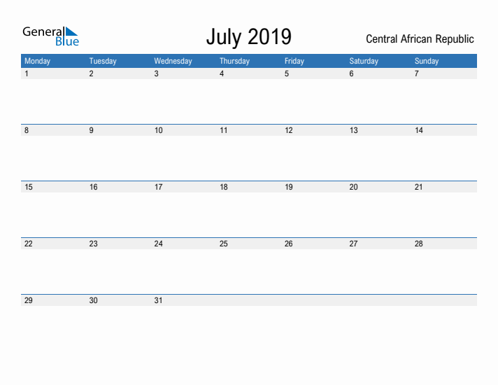 Fillable July 2019 Calendar