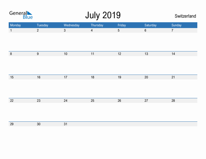 Fillable July 2019 Calendar