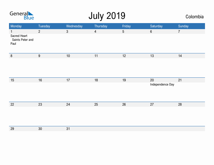 Fillable July 2019 Calendar