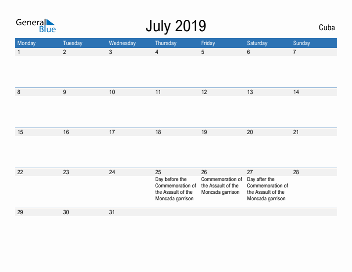 Fillable July 2019 Calendar