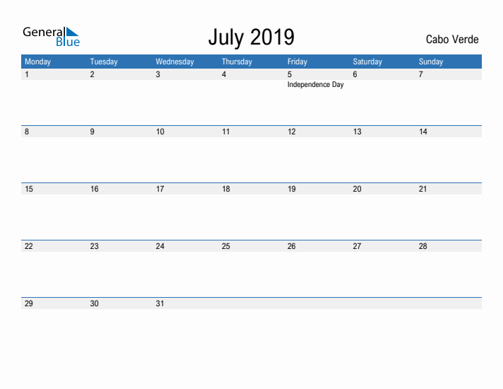 Fillable July 2019 Calendar