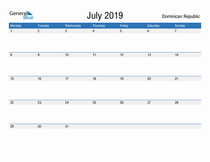 Fillable July 2019 Calendar