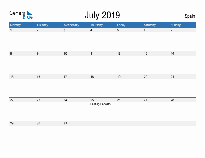 Fillable July 2019 Calendar