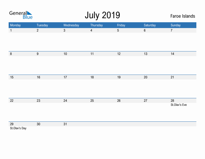 Fillable July 2019 Calendar