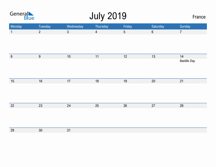 Fillable July 2019 Calendar