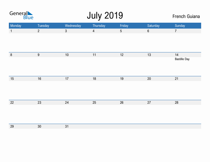 Fillable July 2019 Calendar