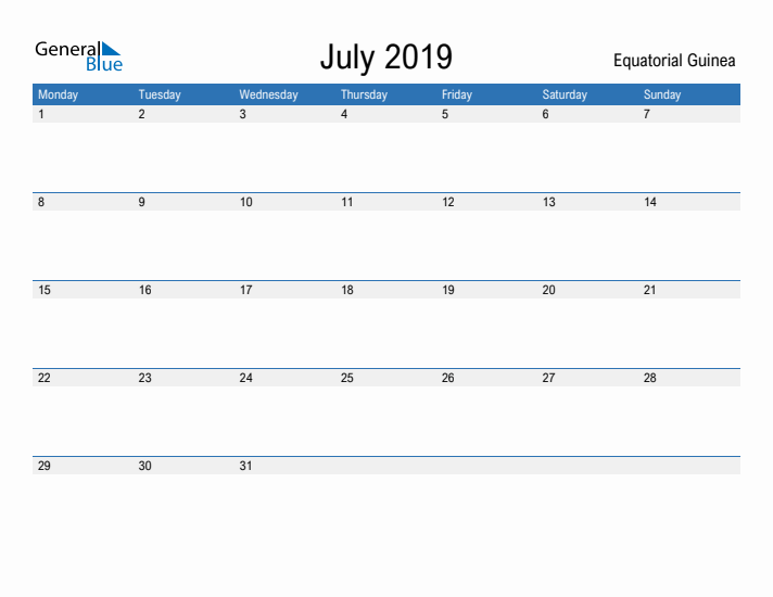 Fillable July 2019 Calendar