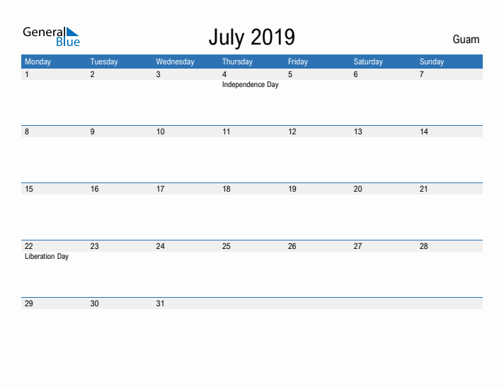 Fillable July 2019 Calendar