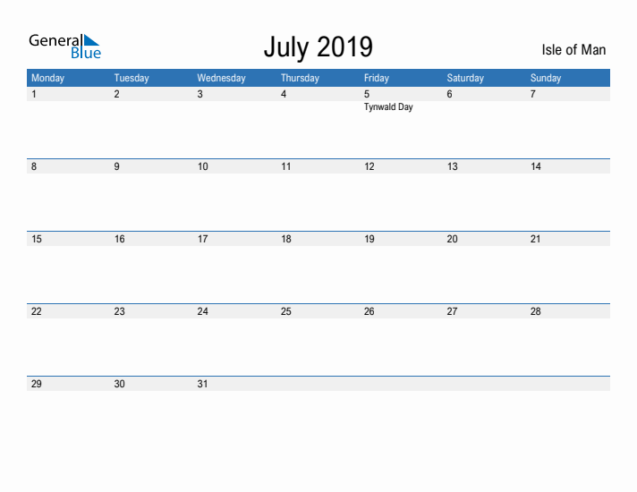 Fillable July 2019 Calendar