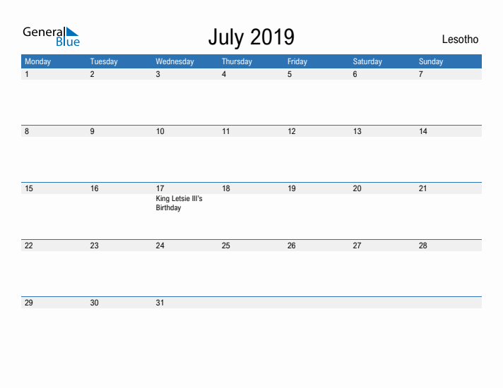 Fillable July 2019 Calendar