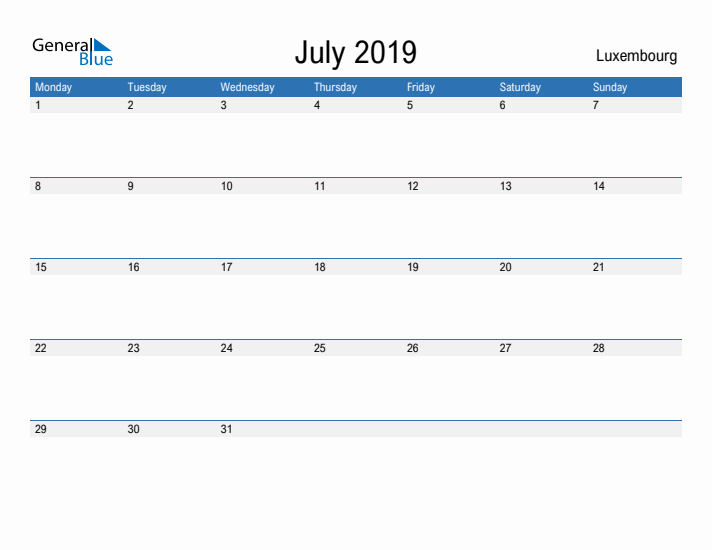 Fillable July 2019 Calendar