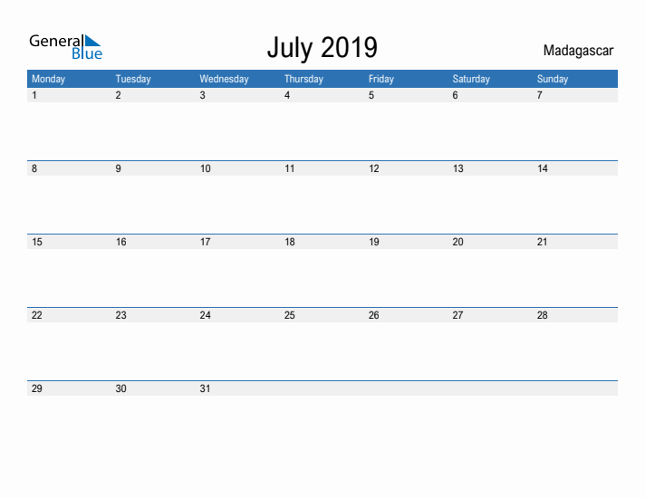 Fillable July 2019 Calendar