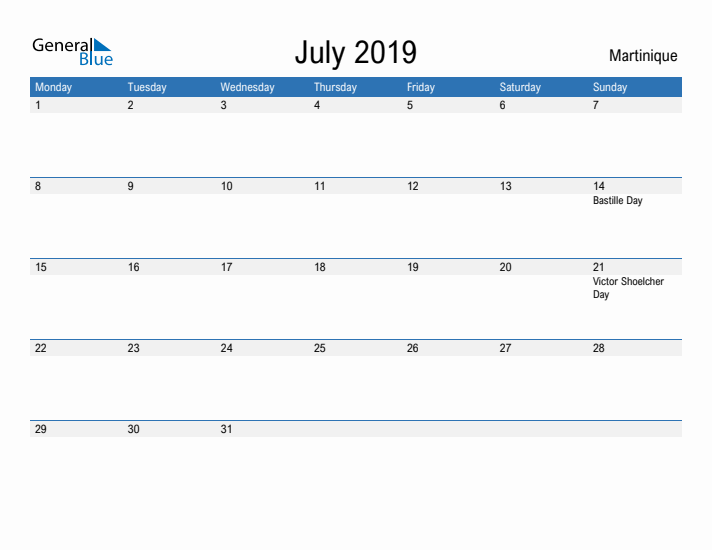 Fillable July 2019 Calendar