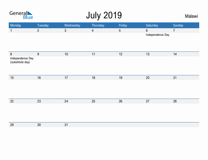 Fillable July 2019 Calendar